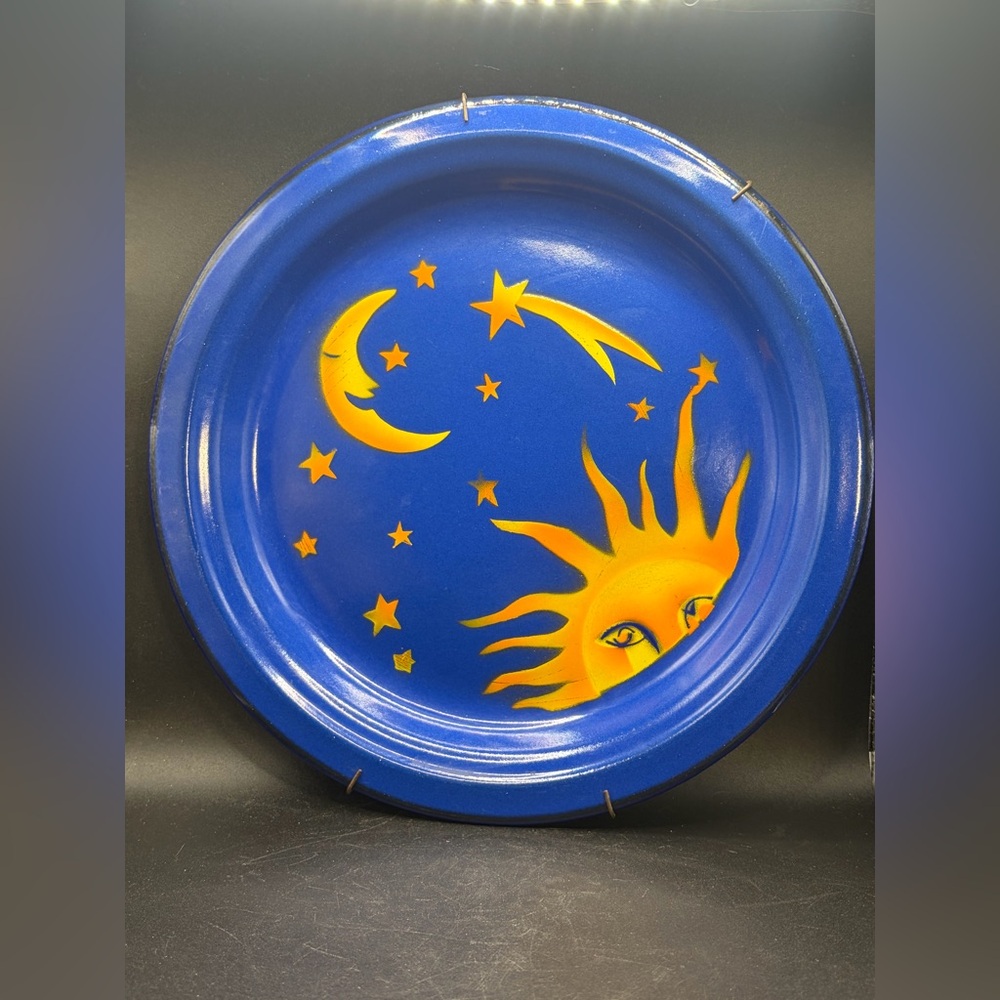 Vintage Celestial Sun Moon Star Groovy 90s Whimsigoth Enamel Metal Plate Dish